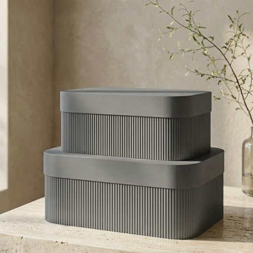 ZICOTO Decorative Storage Boxes with Lids - Set of 2 Beautiful Fluted Photo Organizer Bins for Your Home Bookshelf Decor to Safely Store Your Documents, Memory Box Items and Other Keepsakes in Style - color: Gray