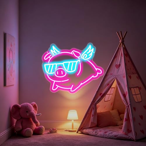 Pig Wings Flying LED Neon Sign, USB Powered Dimmable Whimsical Pig Neon Light for Bedroom, Game Room, Nursery, Cafe, Man Cave Bar, Farmhouse, Party and Animal Theme Wall Decoration, Pork Shop Wall Art-16.7" x 13.7" - color: Pig Wings Flying-Pink