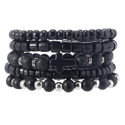 MILAKOO Mens Beaded Bracelets Tribal Wooden Elastic Adjustable Prayer Beads Wrap Cuff for Women - color: B: 5pcs-black