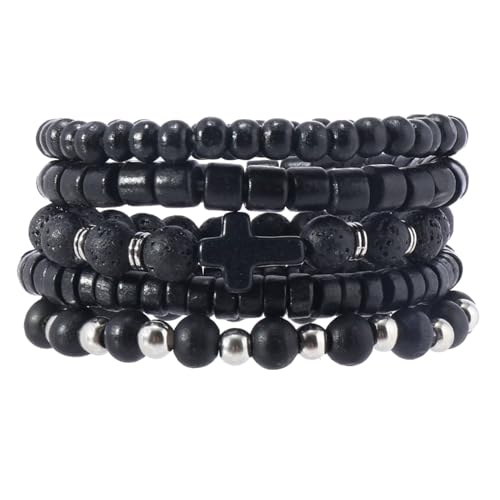 MILAKOO Mens Beaded Bracelets Tribal Wooden Elastic Adjustable Prayer Beads Wrap Cuff for Women - color: B: 5pcs-black