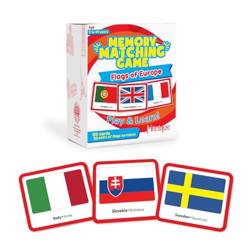 Menique Flags of Europe Memory Matching Game – 100 Cards (50 Pairs) with Flag, Country & Capital – Educational Geography Game for Kids and Adults - style: Flags of Europe