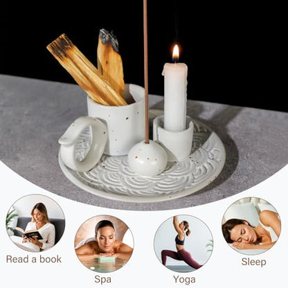 MOUGIGI 5-in-1 White Ceramic Palo Santo Burner & Holder - Small Candle and Smudge Tray for Incense Sticks & Cones, Sage, Zen Meditation Altar Accessory – Compatible with Matches for Aromatic Scents - color: Multifunctional Palo Plate-white