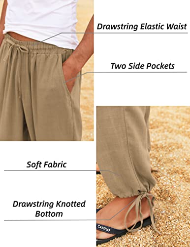 COOFANDY Men's Cotton Linen Pants Casual Harem Pants Elastic Waist Beach Boho Yoga Trousers - color: Dark Khaki, size: Medium