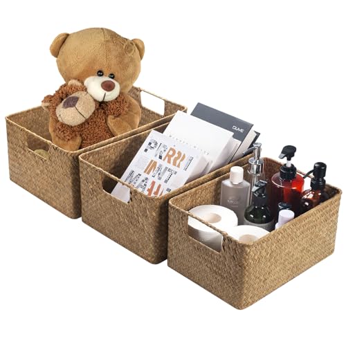 YANGQIHOME Wicker Baskets, [Set of 3] Woven Baskets for Storage, Seagrass Storage Baskets for Organizing with Built-in Handles, Open Storage Bins, Multisize, Natural