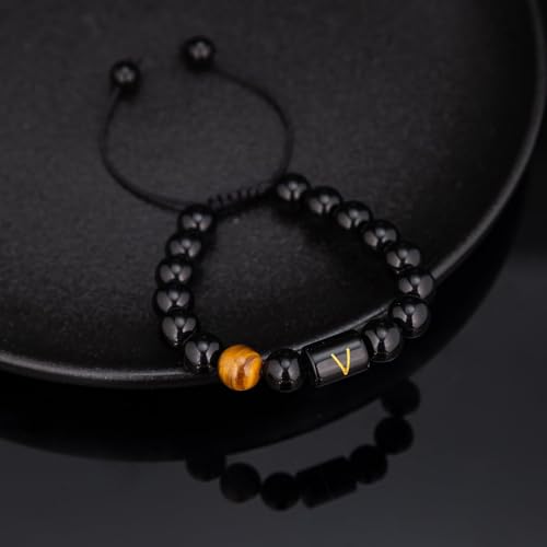 FRG Initials Bracelets for Men Letter Link Handmade Natural Black Onyx Tiger Eye Stone Beads Braided Rope Meaningful Bracelet - style: Braided rope-F