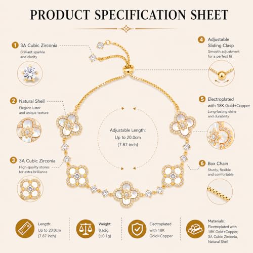 Aura & Irena Adjustable 18K Platinum Plated Clover Bracelets for Women - Mother of Pearl Non-Bangle Bracelet with 3A Cubic Zirconia, Valentine's Day Hypoallergenic Gift - color: GOLD A