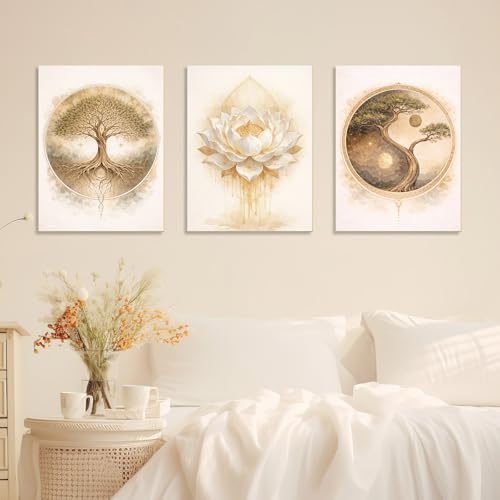 Bnesi 3-Piece Zen Wall Art Set Tree of Life & Lotus Flower Wall Art Large Wall Art for Living Room Tree Art & Tree of Life Wall Art Ideal Artwork for Walls Stylish Wall Decor Art (Classic)
