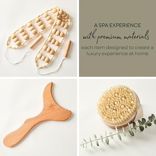 Abundantly Made Co. 7-Piece Lymphatic Drainage Massage Kit | Dry Brush, Wooden Paddle, Rope Roller, Jade Gua Sha, Silicone Cup, Linen Bag & E-Book | Wood Therapy, Maderoterapia & Body Sculpting Tools