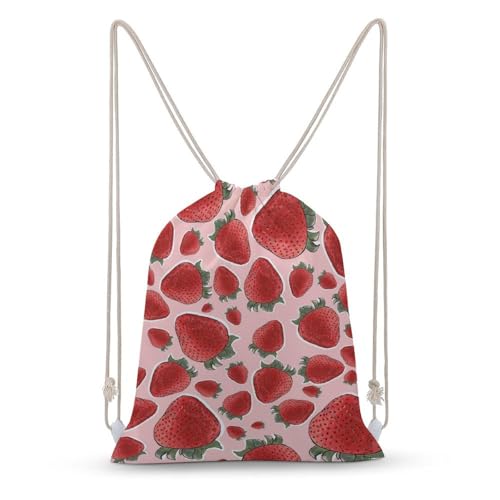 Strawberry Fruit Pink Portable Canvas Drawstring Backpack with Drawstring Pockets 35x50cm - color: Strawberry Fruit Pink, size: 35x50cm