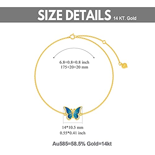 Real 14k Gold Blue Butterfly Bracelet for Women, Solid 14 Karat Gold Animal Lover Wrist Jewelry Gifts for Her, 6.8-8.4