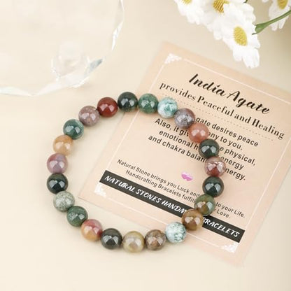 AD Beads Handmade Gemstone Stretch Elastic Bracelet Crystal Healing Reiki Nature's Beauty and Spiritual Essence Unisex - color: Indian Agate, size: 8mm