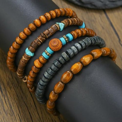 Vintage Multilayer African Turpine Wood Beaded Stretch Bracelets Bohemian Retro Coconut Shell Stackable Elastic Bracelet for Women Men Summer Beach Vacation Holiday Jewelry Gifts - style: StyleF