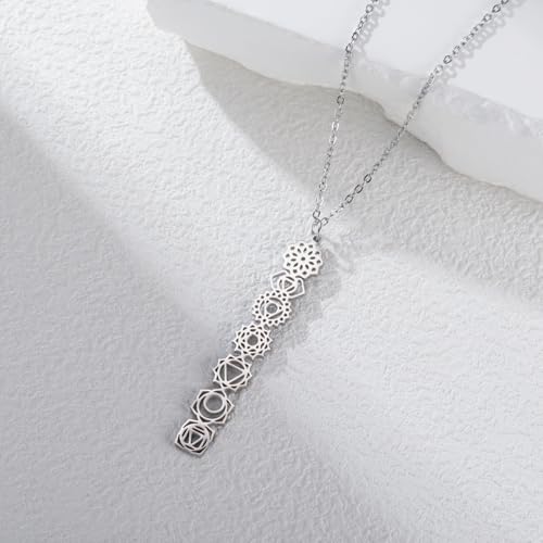 Dreamtimes 7 Chakra Necklace for Women Stainless Steel Spiritual Healing Pendant Necklace for Meditation Yoga Lover for Christmas - color: Silver