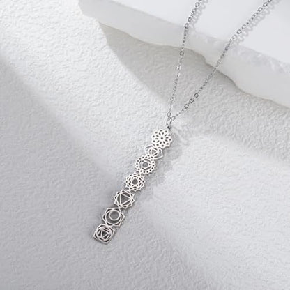 Dreamtimes 7 Chakra Necklace for Women Stainless Steel Spiritual Healing Pendant Necklace for Meditation Yoga Lover for Christmas - color: Silver
