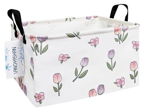 Rectangular Storage Bin Collapse Canvas Fabric Cartoon Storage Basket with Handles for Organizing Home Kitchen Boys and Girls Toys Office Closet Shelf Baskets (Rec Romantic Tulip) - color: Rec Romantic Tulip