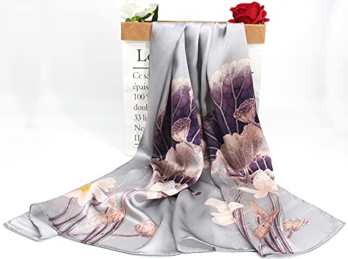 100% Mulberry Silk Long Scarf for Women Large Shawls for Headscarf and Neck- Oblong Hair Wraps with Gift Packed - color: Lotus Pond-light Grey