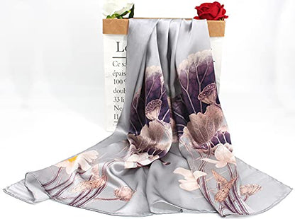 100% Mulberry Silk Long Scarf for Women Large Shawls for Headscarf and Neck- Oblong Hair Wraps with Gift Packed - color: Lotus Pond-light Grey