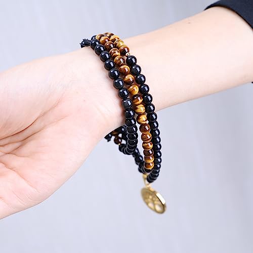 COAI Tree of Life Necklace 108 Mala Beads, Women's Men's Beaded Necklace, Japa Mala for Yoga Meditation 6mm - style: Obsidian & Tiger Eye