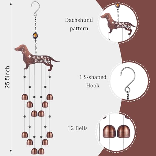 Cinnvoice 24 Inch Metal Wind Chimes for Outside Decor with S Hook, Birthday Gift for Women Men Bronze Memorial Gift with 12 Bell for Patio Garden Yard Lawn Front Yard Housewarming(Dachshund Dog) - style: Dachshund Dog
