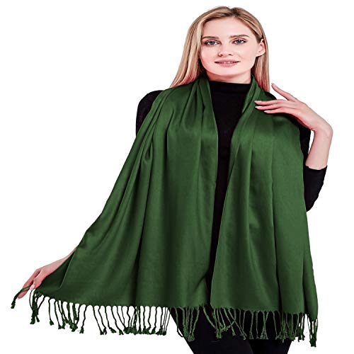 CJ Apparel Solid Color Tassels Design Nepalese Shawl Scarf Wrap Stole Throw Head Wrap Pashmina Gift Hand Made in Nepal New - color: Dark Green Mix