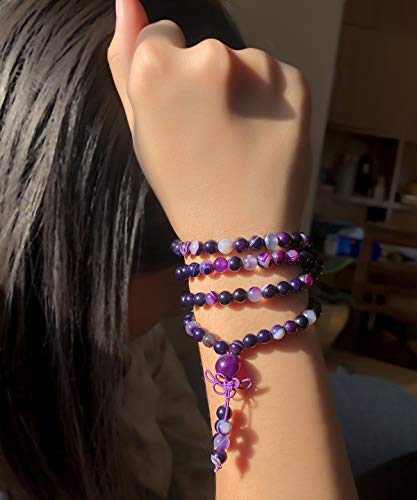 AD Beads 6mm Natural Healing Gemstones Buddhist 108 Prayer Mala Stretchy Bracelet Necklace - color: Purple Stripe Agate