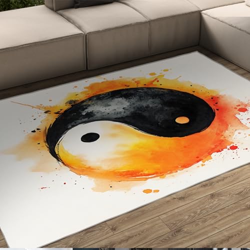 Modern Meditation Rugs 5x8 with Yin Yang Symbol Low Pile Easy Care Watercolor-Inspired Carpet for Meditation Room or Taoist Decor Style - size: 5'x8'/60x96inch/153x244cm