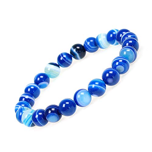 MJDCB Featured Men Women 8mm Beads Bracelet Elastic Natural Stone Yoga Bracelet Bangle 6.7" - color: Blue Striped Agate