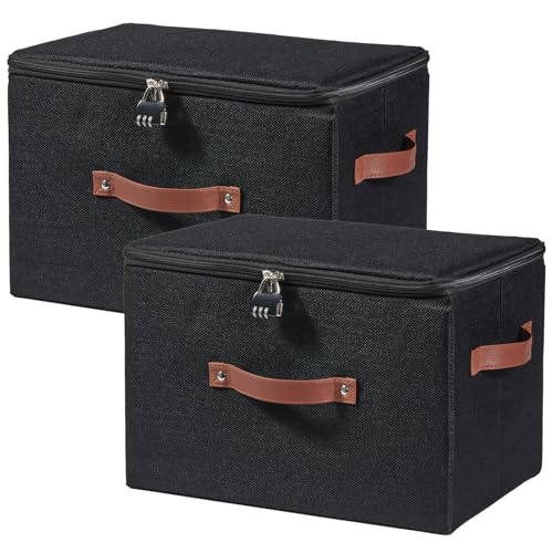 2PCS Storage Bins Boxes with Zipper Lid Combination Lock PU Leather Handles Cotton Linen Fabric Lidded Lockable Baskets Foldable Washable Closet Shelf Organizer Container (Black, Large) - color: Black, size: Large ( Set of 2 )