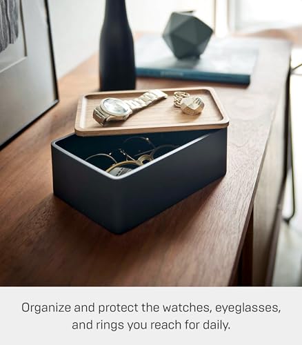 YAMAZAKI Home Rin Accessory Box With Wooden Lid For Jewelry, Watches, Or Sunglasses - Polystone - color: Walnut