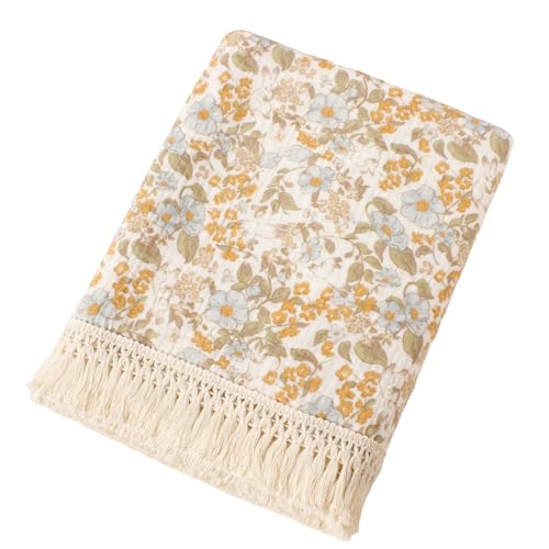 vctops Muslin 100% Cotton Throw Blanket for Couch Breathable Gauze Bed Blankets with Tassels Soft Cozy Lightweight Floral Print Throws for Sofa, Bed, Travel (Floral A,50"x70") - color: Floral a, size: Large Throw(50"x70")