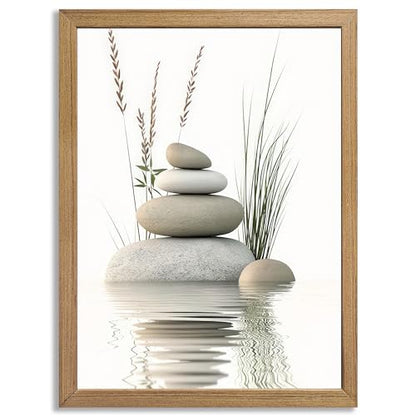 Calming Zen Stone Framed Wall Art - Serene Rock Balance with Water Reflection and Reeds, Natural Wood Frame Perfect for Bathroom, Spa, Living Roomor Meditation Decor 8''x10 Inch