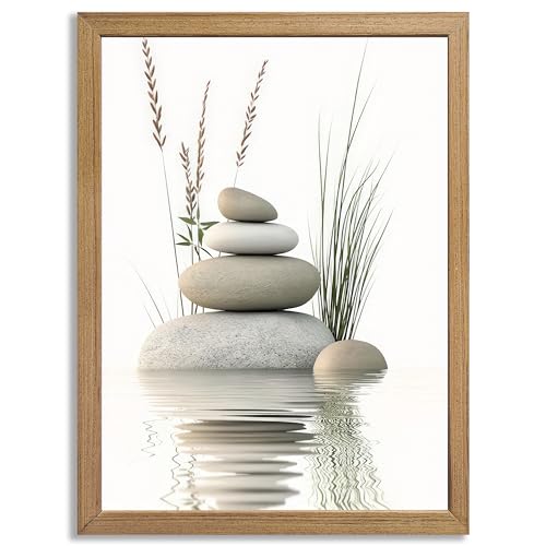 Calming Zen Stone Framed Wall Art - Serene Rock Balance with Water Reflection and Reeds, Natural Wood Frame Perfect for Bathroom, Spa, Living Roomor Meditation Decor 8''x10 Inch