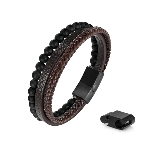 FOCOOG Leather Bead Bracelets for Men, Natural Tiger Eye Lava Rock Stone Bead Magnetic Clasp Adjustable Leather Bracelets Stress Relief Mens Anxiety Bracelet Mens Jewelry Gifts - style: Brown Leather-Matte Agate Bead