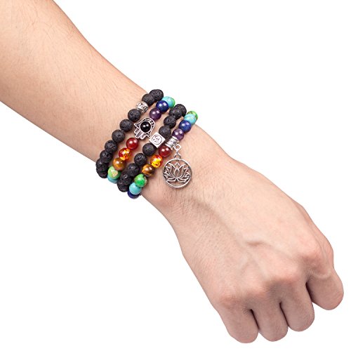 108 Mala Beads Necklace 7 Chakra Tree of Life Pendant Prayer Buddha Bracelets Healing Stone Yoga Men Women Jewelry - color: Natural lava beads