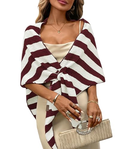 Womens Knitted Shawl Wraps Casual Solid Color Cape Scarf Comfortable Triangle Pashmina Shoulder Sweater - color: Stripes Wine Red