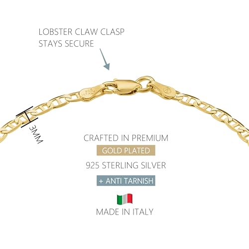 KISPER 18K Gold Plated 925 Sterling Silver Chain Bracelets for Women, Waterproof Tarnish Resistant, Curb/Rope/Figaro/Mariner Link Bracelet, 6.5, 7, 8, 9 Inch - size: 8 inches (Medium), style: Mariner