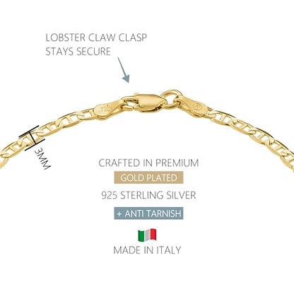 KISPER 18K Gold Plated 925 Sterling Silver Chain Bracelets for Women, Waterproof Tarnish Resistant, Curb/Rope/Figaro/Mariner Link Bracelet, 6.5, 7, 8, 9 Inch - size: 8 inches (Medium), style: Mariner