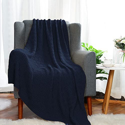 uxcell 100% Cotton Cable Knit Throw Blanket,Soft Lightweight Lap Blanket,Textured Solid Sofa Throw Couch Cover Decors Knitted Blankets, Navy Blue 50"x 60" - color: Navy Blue