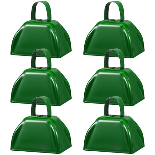 6 Pcs 3 Inch Metal Cowbells Noise Maker Hand Percussion Cow Bells with Handles for Sporting Events Cheering Noisemakers Weddings Team Spirit Sports Party Favors (Green) - color: Green