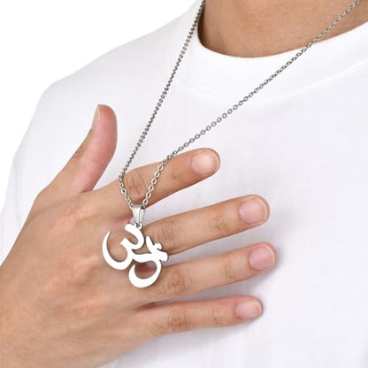Stainless Steel Om Necklace for Men Women, gold plated/Silver/Black Yoga Charm Pendant Necklaces Aum Om Ohm Sanskrit Symbol Hindu Meditation Chain Necklace,Mens Womens Jewelry Gifts - color: Polished Silver