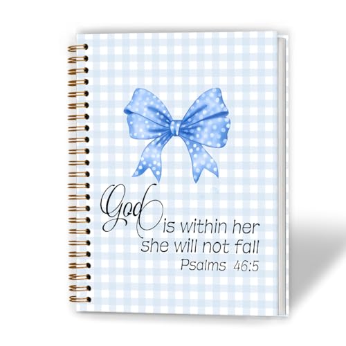 XUNLURY Blue Coquette Bow Christian Notebook, God Is Within Her She Will Not Fall Bible Journal, Preppy Blue Plaid Christian Journal for Women, Bible Study Hardcover Spiral Notebooks, 5.5x8.3 Inch - color: Color_D