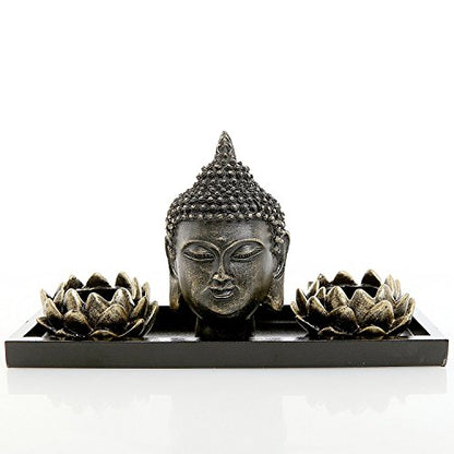 MyGift Black Buddha Head Sculpture Zen Garden Set with Lotus Tealight Candle Holders and Wooden Display Tray, Decorative Tabletop Home Accent