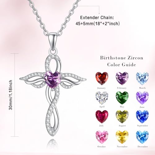 TANGPOET Angel Wings Necklace for Women 925 Sterling Silver Guardian Angel Pendant, Heart Cross Birthstone Necklace, Birthday Jewelry Gifts for Her - style: 2-February Amethyst
