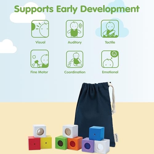 PlanToys® Sensory Activity Blocks for Toddlers – 9-Piece Set with Visual, Auditory & Tactile Stimuli – Montessori Toy with Storage Bag – Wooden Learning Toy for Babies & Kids Ages 12 Months+
