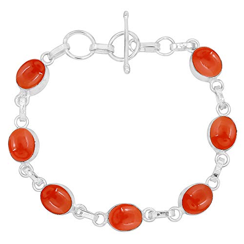 Oval Shape Natural Gemstones Statement Bracelet for Women - 925 Silver Plated Handmade Birthstone Bohemian Vintage Style Women's Jewelry Gifts for Wedding Anniversary Christmas Valentine's Day - color: Carnelian