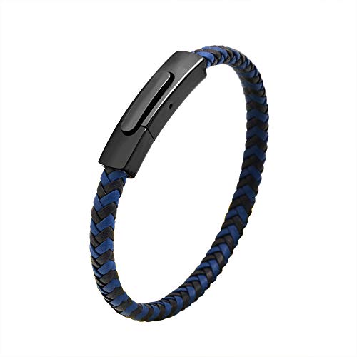 Geoffrey Beene Men's Braided Genuine Leather Fashion Bangle Bracelet with Stainless Steel Clasp - color: Blue