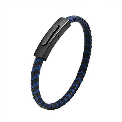 Geoffrey Beene Men's Braided Genuine Leather Fashion Bangle Bracelet with Stainless Steel Clasp - color: Blue