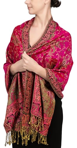 Achillea Reversible Paisley Pashmina Rave Scarf – Exotic Indian Shawls and Wraps for Evening Dresses, Festivals, All Seasons - color: Fuchsia