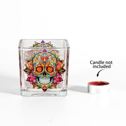 Votive Tealight Candle Holder, Square Glass Vase for Table Centerpiece Decor, Multi-Purpose Glass Cup for Home Tabletop Decor, 3.1 x 3.1 x 3.1 in Day of the Dead