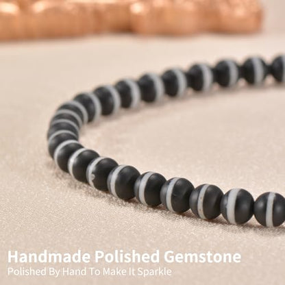 14in Agate Wrap Bracelet for Women Men Natural Round Beaded Agates Stone Healing Stretch Bracelets Elastic Handmade Polished Gemstone Beads Bracelet - color: Black White-1 Agate, size: 6mm Beads